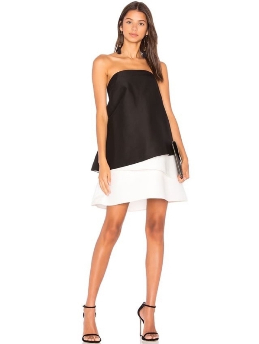 Halston Heritage Strapless Colorblock Layered Hem Dress Black White Sz 4 NWT